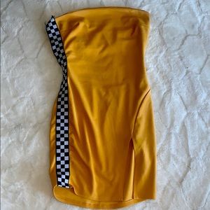 Yellow racer, strapless dress